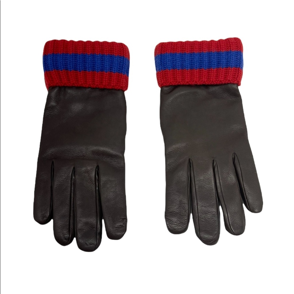 Gucci New Dark Brown Leather Web Signature Lambskin Cashmere Men’s Gloves - Picture 6 of 10